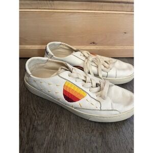 Soludos Peace Out White Leather Embroidered Rainbow Sun Sneakers Womens 8 38.5